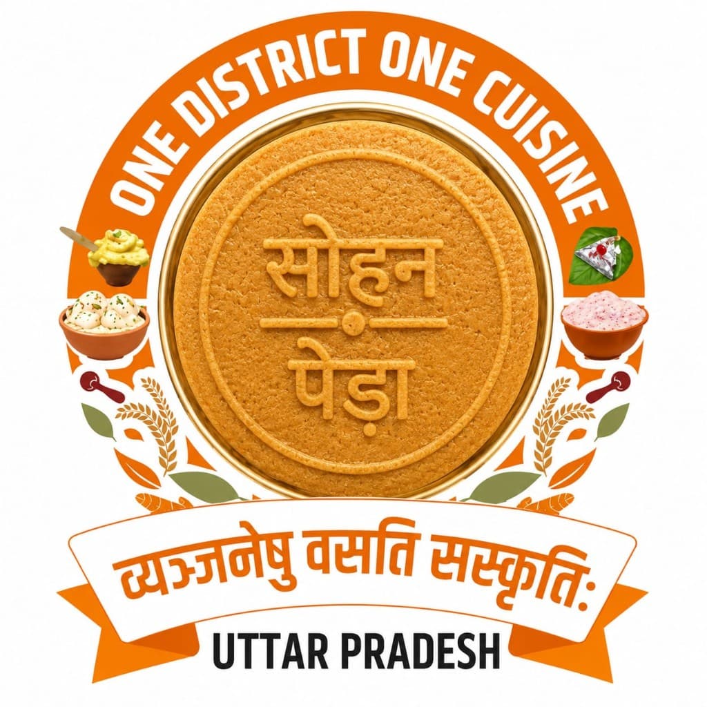 A round Sohan Peda sweet with the One District One Cuisine mark.
